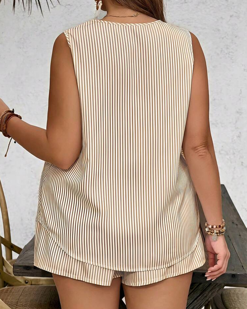 Metal Ring Buckle V-Neck Sleeveless Striped Tank Top & Shorts Two-Piece Set