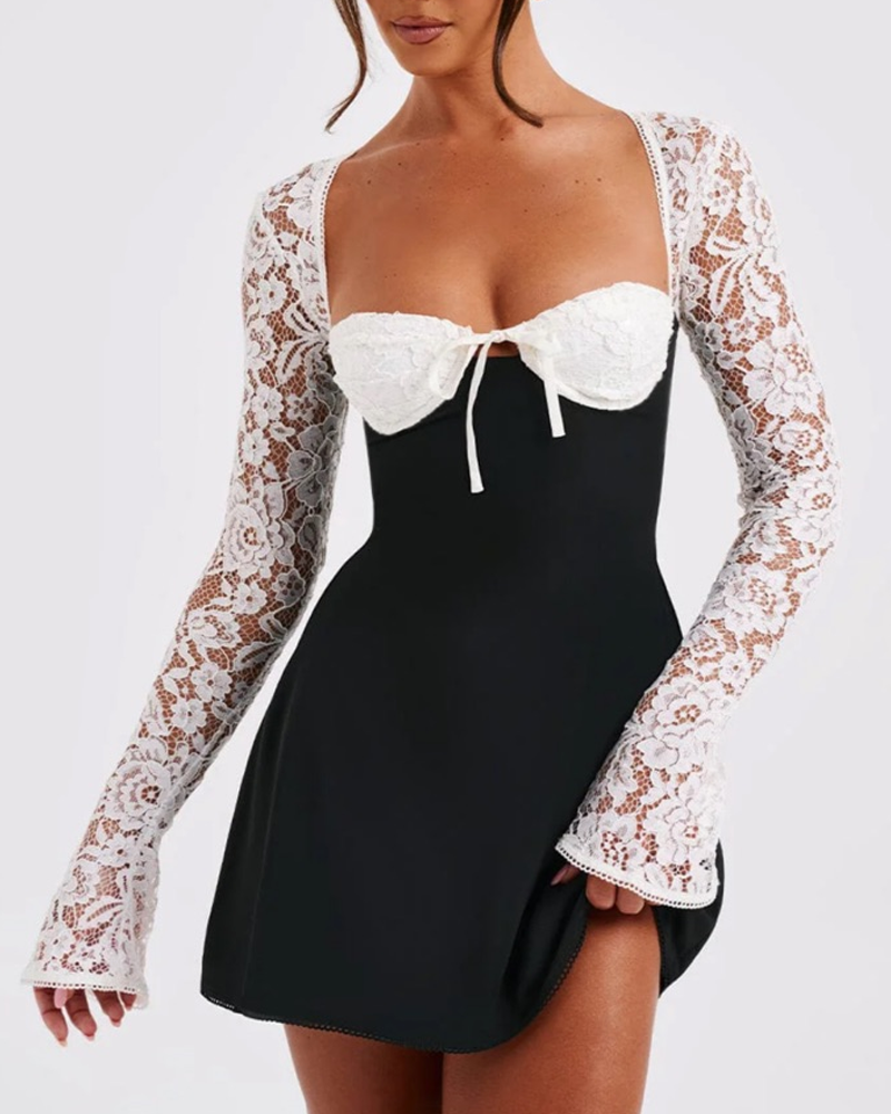 Elegant Lace Long Sleeve Backless Tie-Up Dress Main image