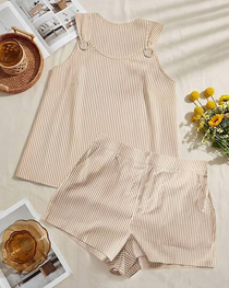 Metal Ring Buckle V-Neck Sleeveless Striped Tank Top & Shorts Two-Piece Set