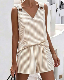 Metal Ring Buckle V-Neck Sleeveless Striped Tank Top & Shorts Two-Piece Set