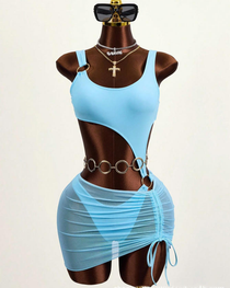 Sexy Sheer Mesh Backless Bikini with Cover-up Set