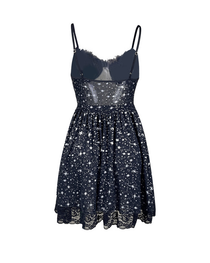 Star Print Mesh Lace Slip Dress with Faux Fur Collar