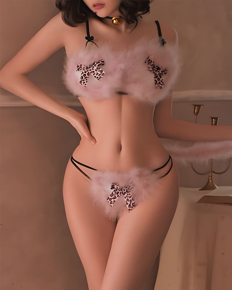 Leopard Print Feather Three-Piece Lingerie Set with Headband and Tail Main image