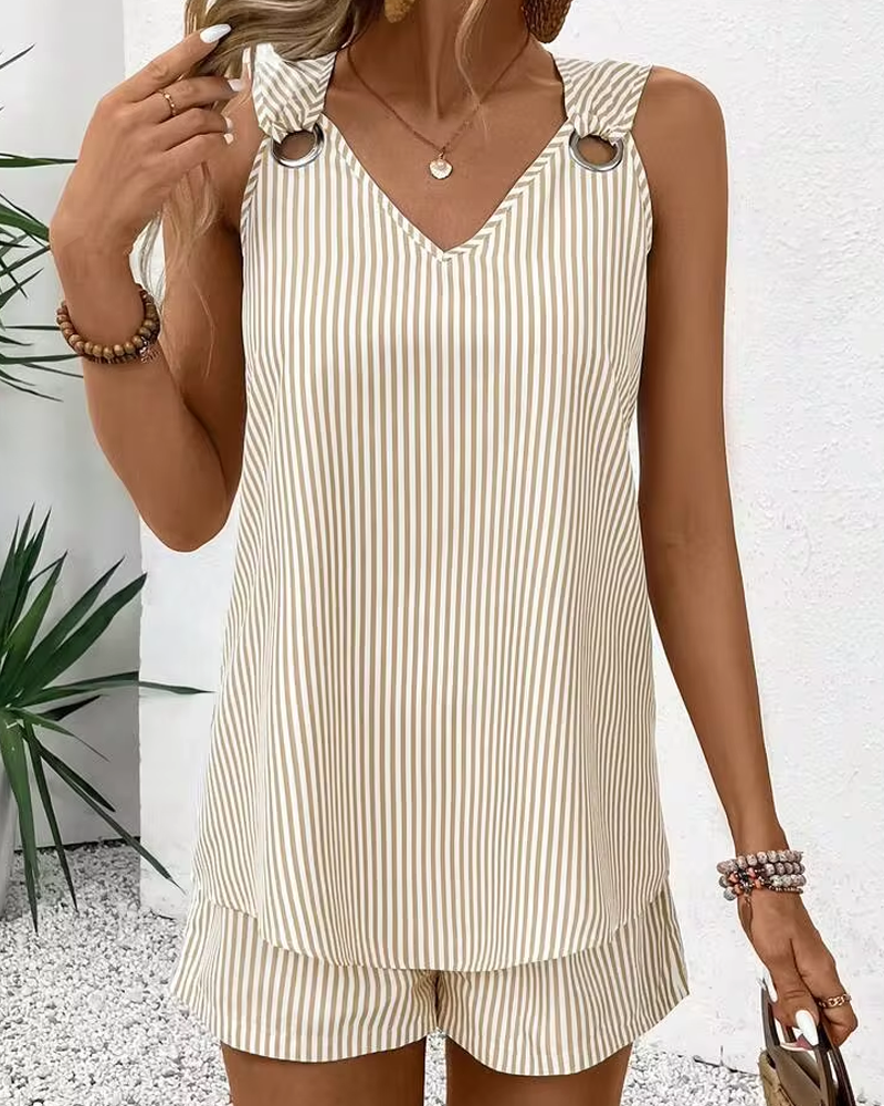 Metal Ring Buckle V-Neck Sleeveless Striped Tank Top & Shorts Two-Piece Set Secondary image