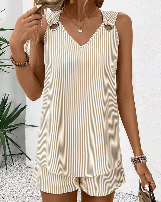 Metal Ring Buckle V-Neck Sleeveless Striped Tank Top & Shorts Two-Piece Set