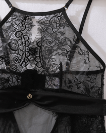 Sexy Eyelash Lace Cutout Sheer Mesh Nightgown with G-String