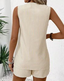 Metal Ring Buckle V-Neck Sleeveless Striped Tank Top & Shorts Two-Piece Set