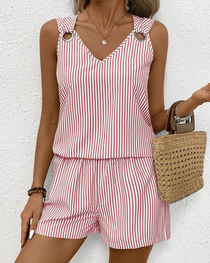 Metal Ring Buckle V-Neck Sleeveless Striped Tank Top & Shorts Two-Piece Set