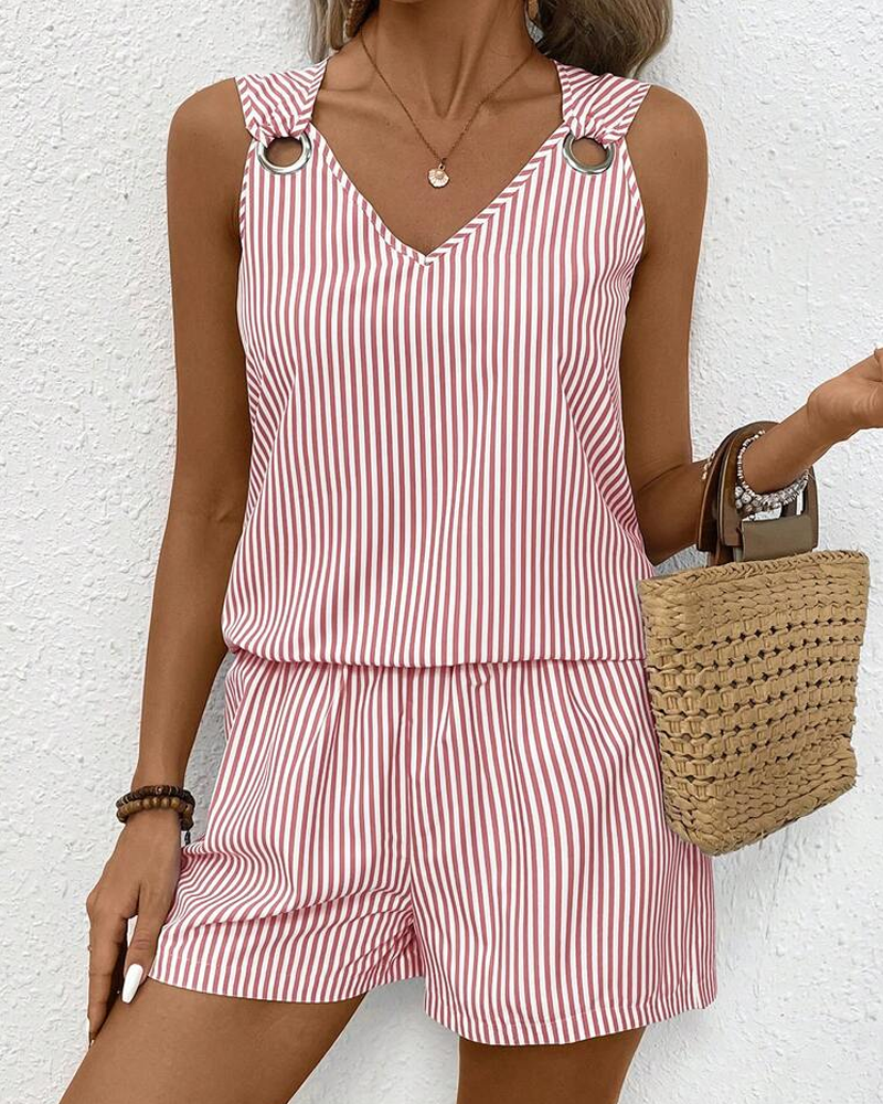Metal Ring Buckle V-Neck Sleeveless Striped Tank Top & Shorts Two-Piece Set