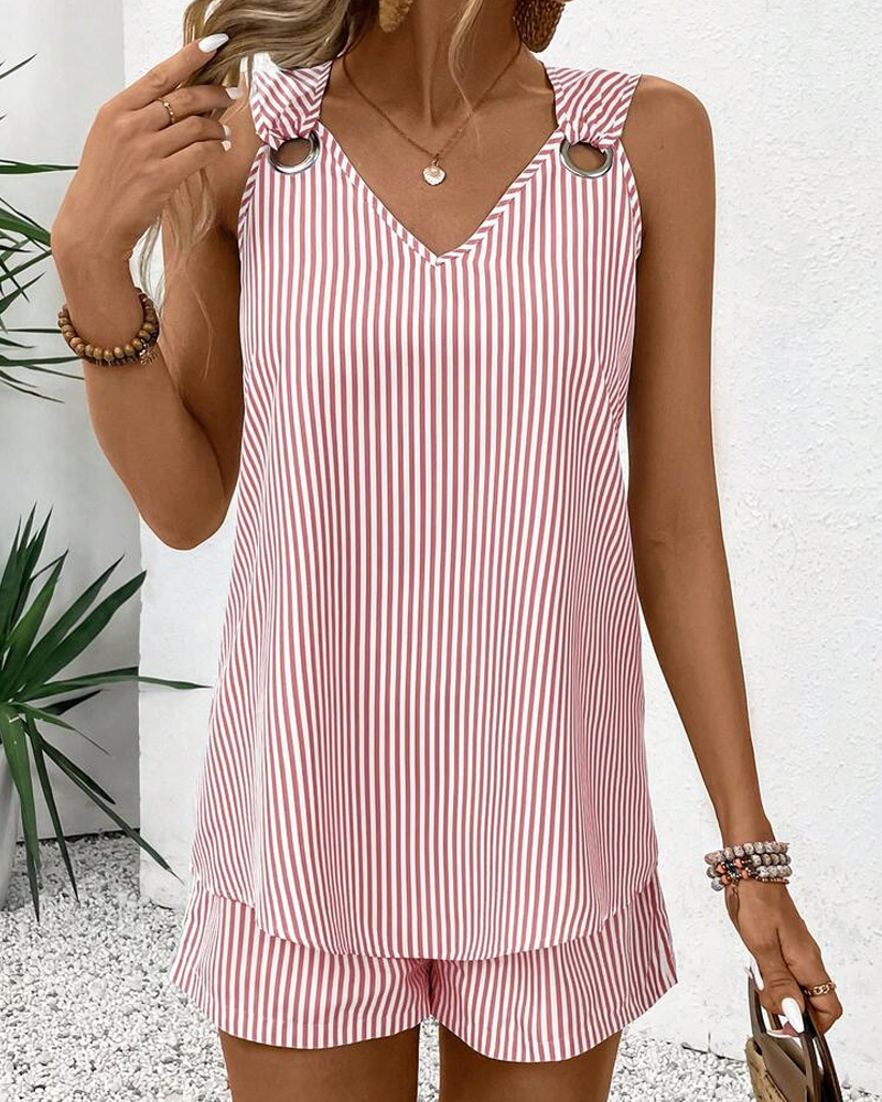 Metal Ring Buckle V-Neck Sleeveless Striped Tank Top & Shorts Two-Piece Set