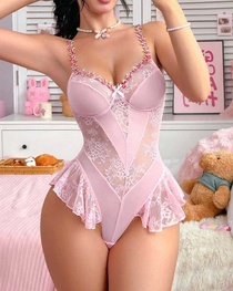 Sexy Lace Bodysuit with 3D Flower Embellishments