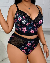 Plus Size Sexy Floral Print Lace Trim Lingerie Set