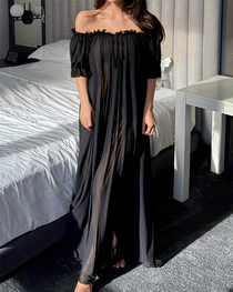 Sexy Sheer Mesh Ruffle Off-the-Shoulder Long Nightgown