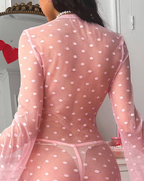 Plus Size Sexy Pink Polka Dot Mesh Robe Set