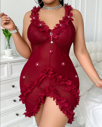 Plus Size Sexy Ruched Mesh Lace Trim Cami Chemise
