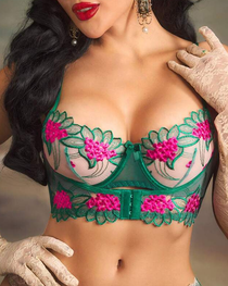 Floral Embroidery Sheer Mesh Front-Closure Lingerie Set