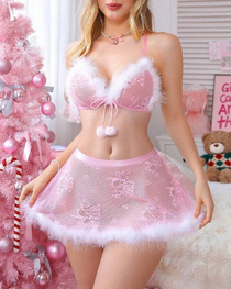 Sexy Sheer Lace Lingerie Set with Pink Fluffy Trim