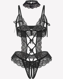 Sexy Sheer Cutout Lace Bodysuit with Bow Detail