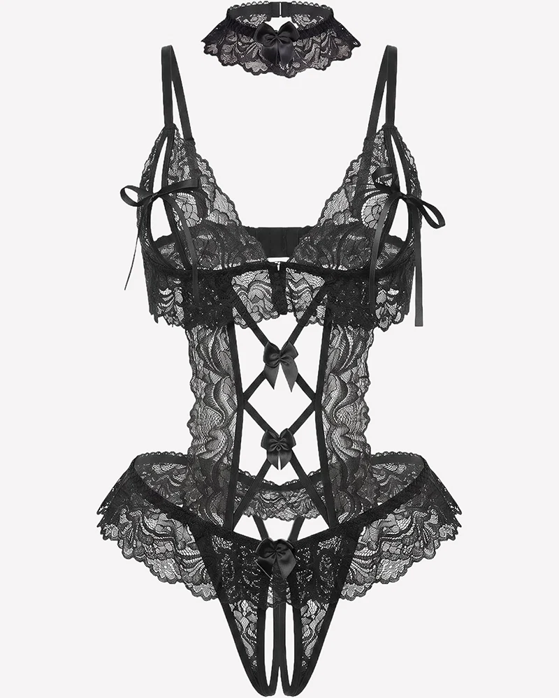 Sexy Sheer Cutout Lace Bodysuit with Bow Detail