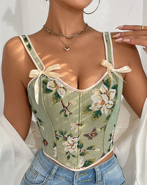 French Style Bow Lace-Up Floral Sexy Body Shaper Women's Sling Printed Slim-Fit Vest Corset