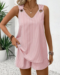 Metal Ring Buckle V-Neck Sleeveless Striped Tank Top & Shorts Two-Piece Set
