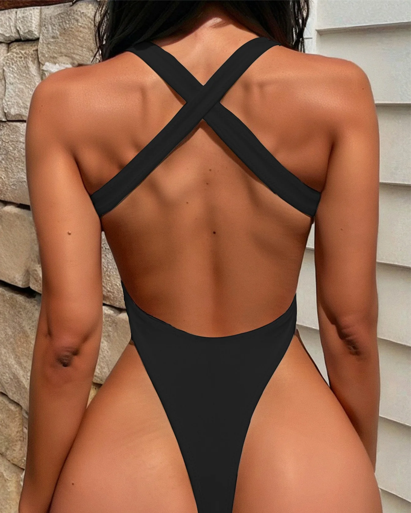 Sexy Lace-up Backless Solid Color One-Piece Bikini Secondary image