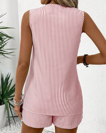 Metal Ring Buckle V-Neck Sleeveless Striped Tank Top & Shorts Two-Piece Set