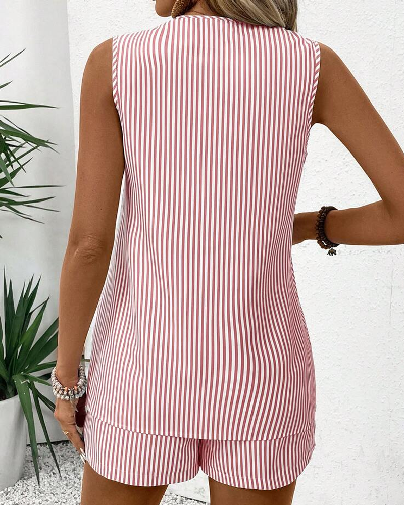 Metal Ring Buckle V-Neck Sleeveless Striped Tank Top & Shorts Two-Piece Set