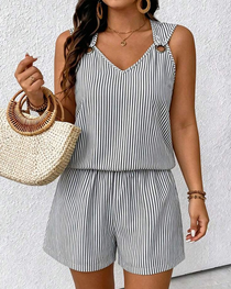 Metal Ring Buckle V-Neck Sleeveless Striped Tank Top & Shorts Two-Piece Set
