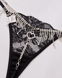 Sexy Sheer Lace Rhinestone Fringe Heart Thong