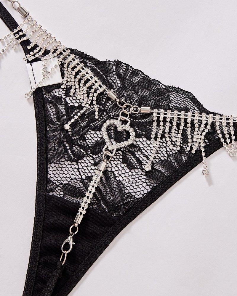 Sexy Sheer Lace Rhinestone Fringe Heart Thong