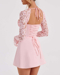 Elegant Lace Long Sleeve Backless Tie-Up Dress