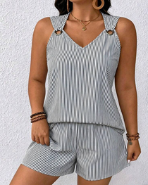 Metal Ring Buckle V-Neck Sleeveless Striped Tank Top & Shorts Two-Piece Set