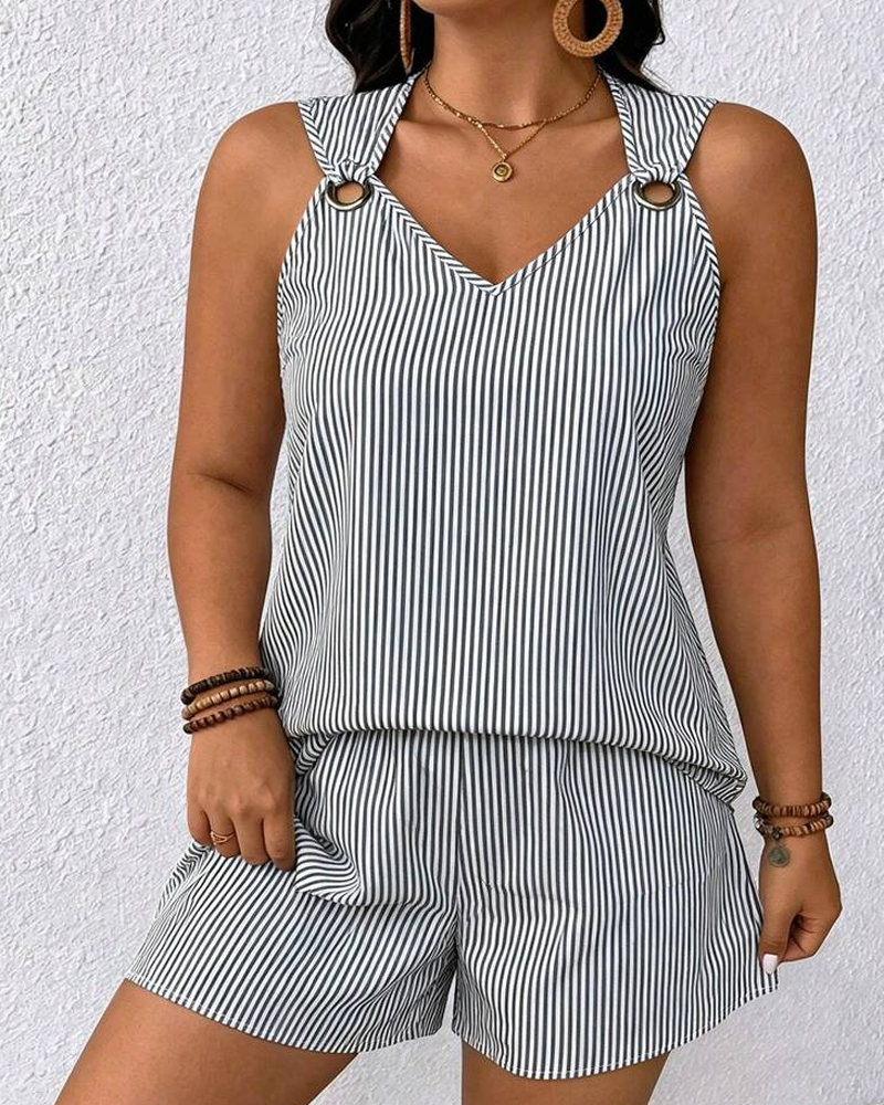 Metal Ring Buckle V-Neck Sleeveless Striped Tank Top & Shorts Two-Piece Set