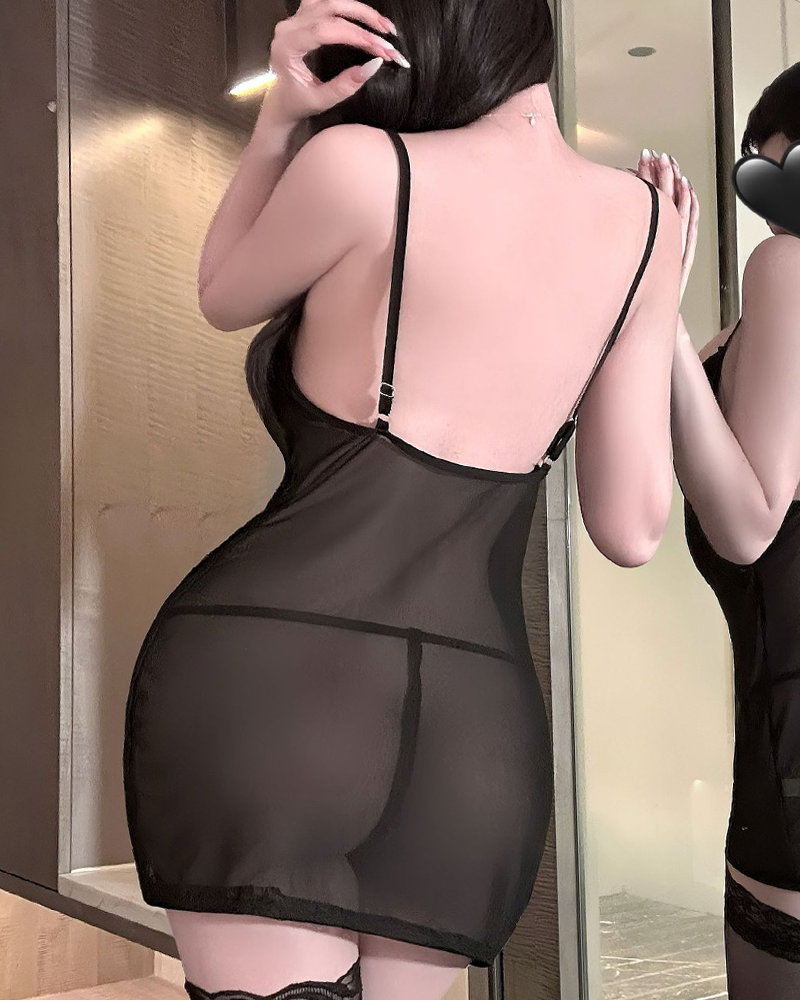 Sexy Lace Mesh Sheer Cutout Ruffle Chemise Nightgowns with Thong Secondary image