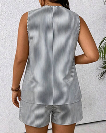 Metal Ring Buckle V-Neck Sleeveless Striped Tank Top & Shorts Two-Piece Set