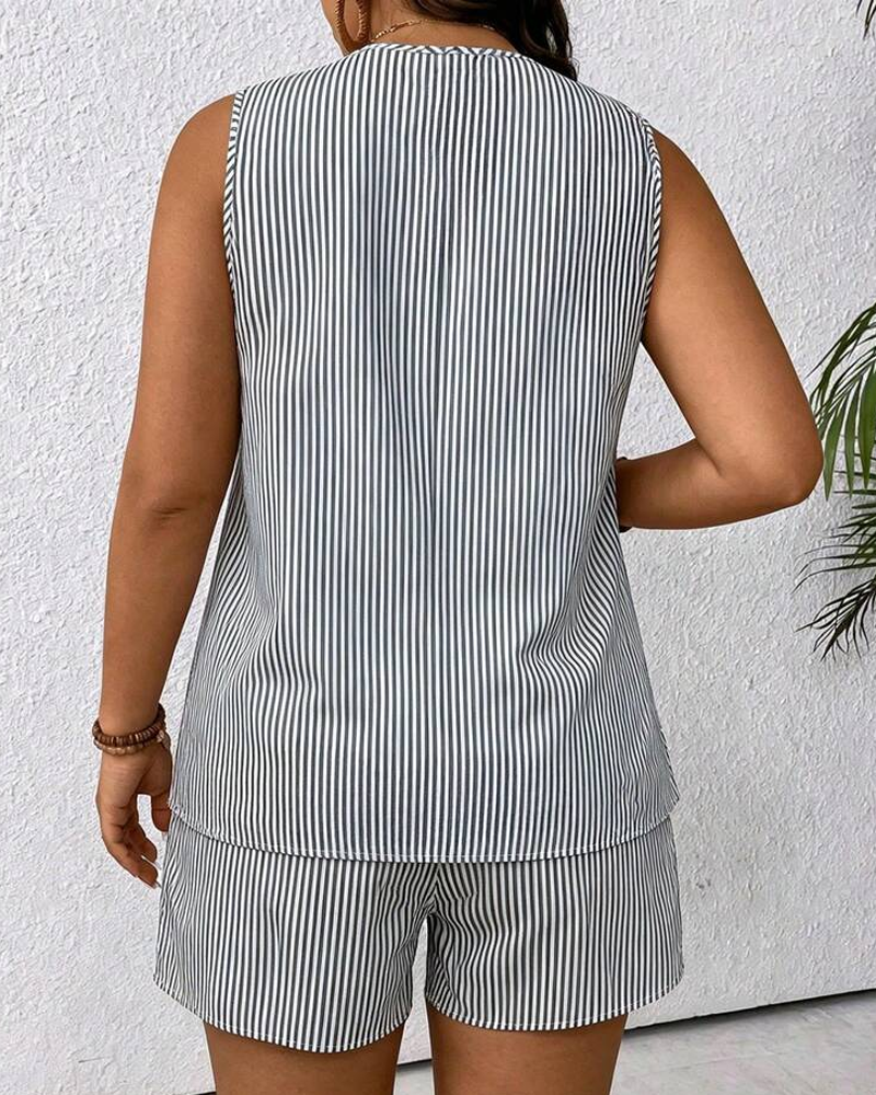 Metal Ring Buckle V-Neck Sleeveless Striped Tank Top & Shorts Two-Piece Set