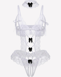 Sexy Sheer Cutout Lace Bodysuit with Bow Detail