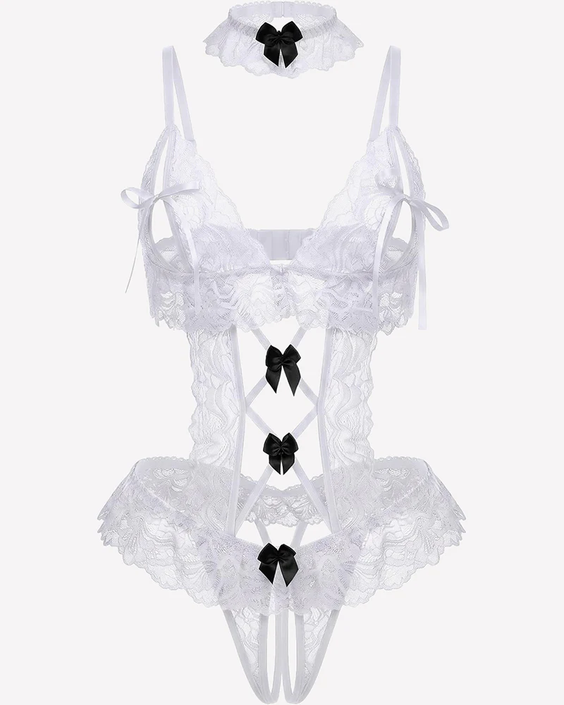 Sexy Sheer Cutout Lace Bodysuit with Bow Detail