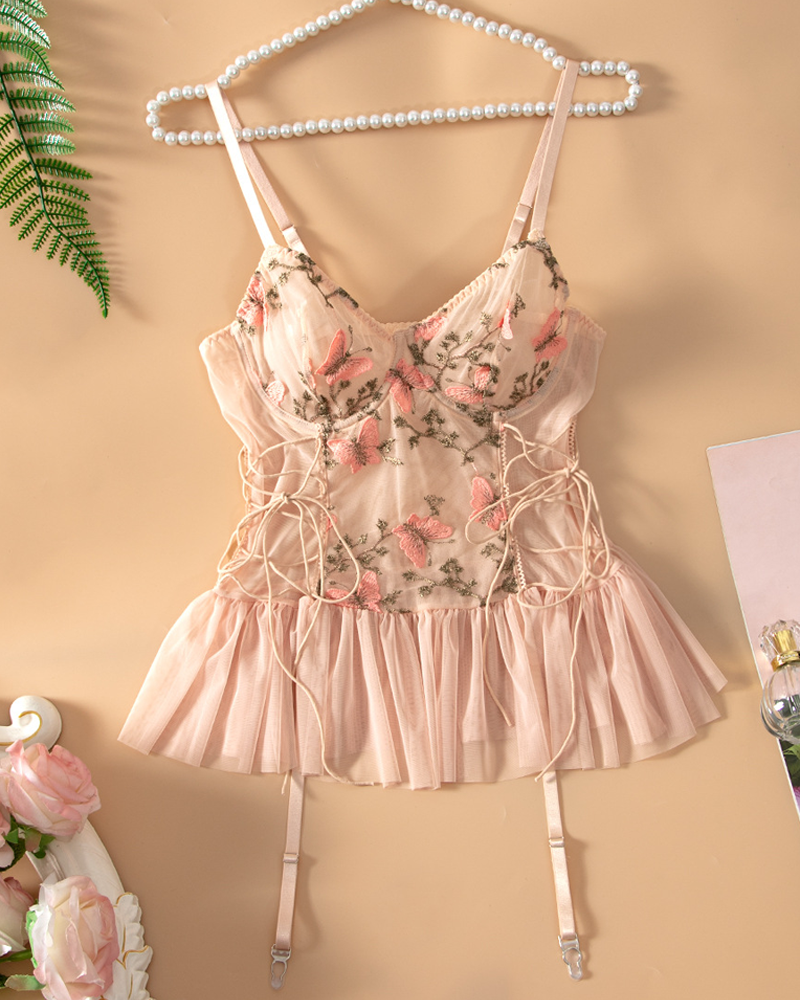 Plus Size Pink Rose Embroidered Sheer Mesh Babydoll Lingerie