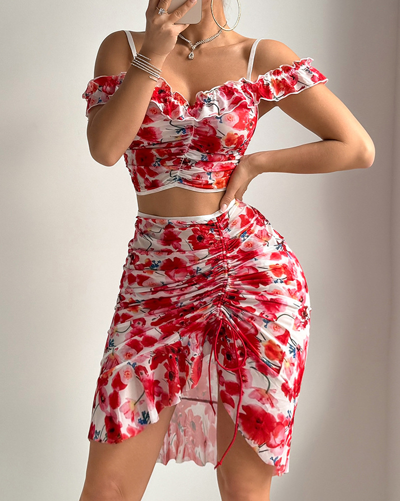 Sexy Floral Print Bodycon Sheer Maxi Skirt Set