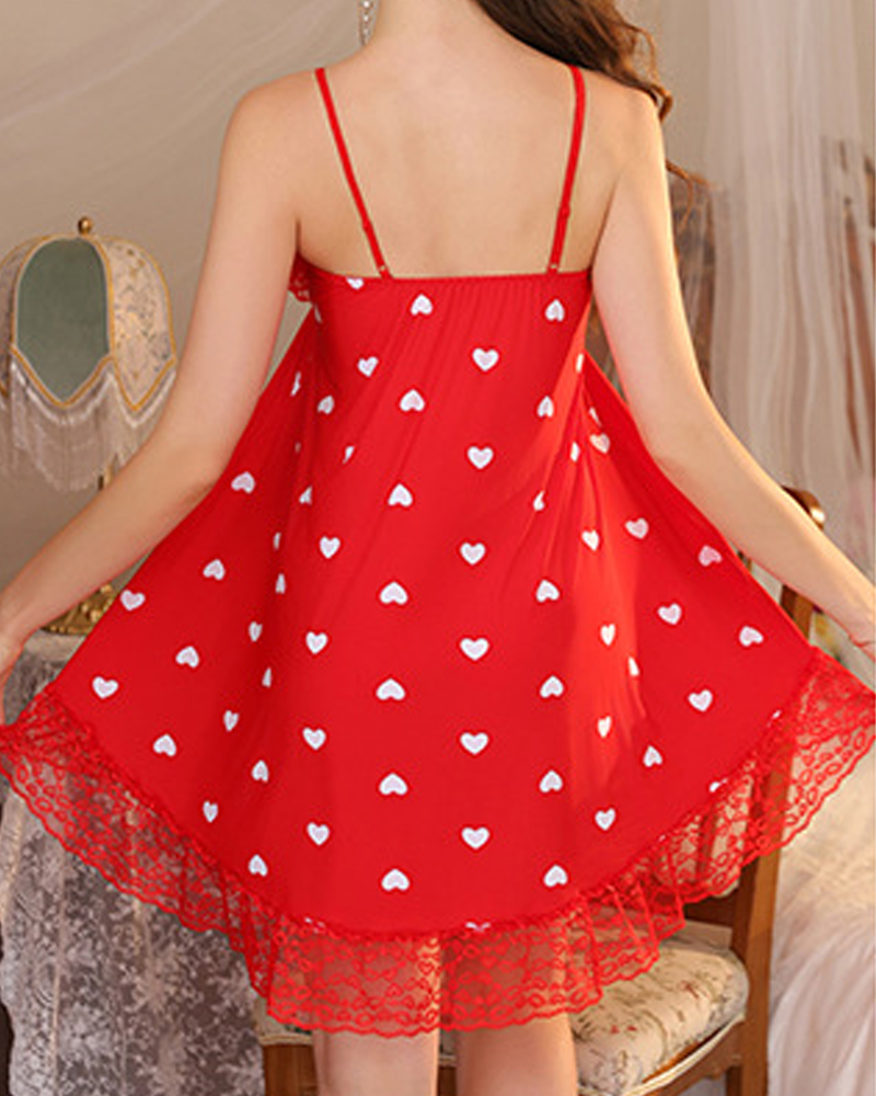 Lace-Trimmed Cotton Heart Print Lounge Nightdress