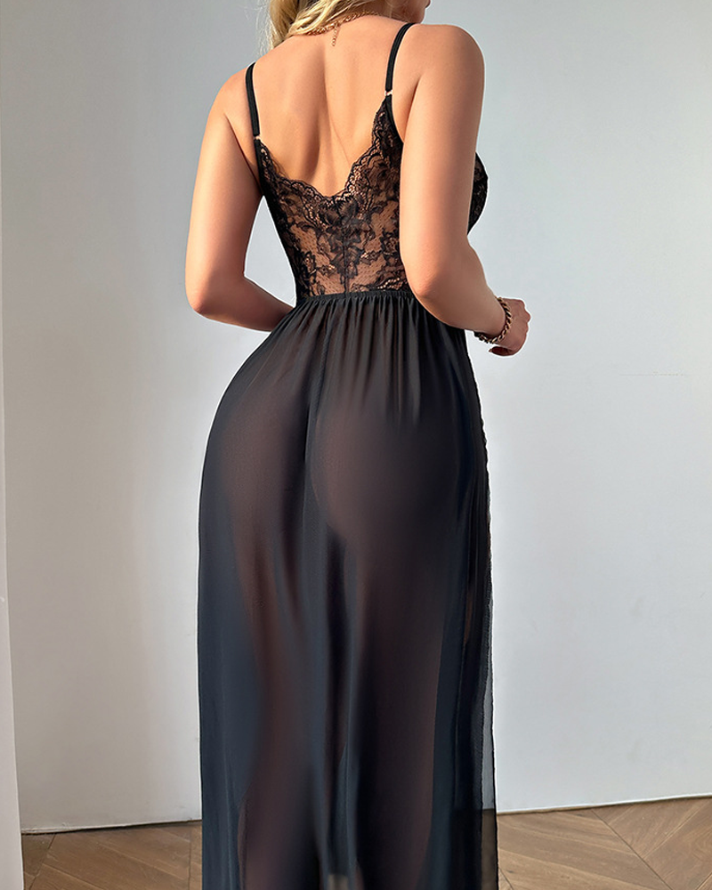 Sexy Sheer Lace Mesh Long Lingerie Nightgown