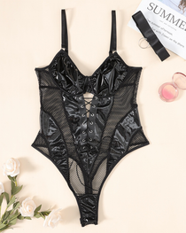 Sexy Faux Leather & Fishnet Strappy Bodysuit