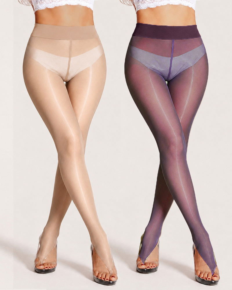 2 Pack High Waist Control Silky Shiny Transparent Toeless Pantyhose