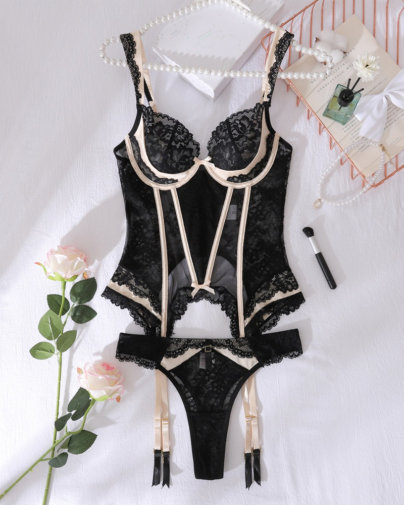Sexy Lace & Sheer Mesh Boned Corset Lingerie Set