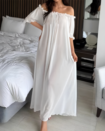 Sexy Sheer Mesh Ruffle Off-the-Shoulder Long Nightgown