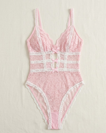 Pink Lace Bowknot Backless Bodysuit