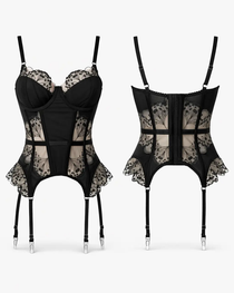 Sexy Satin Lace Embroidered Sheer Bodysuit Set with Stockings
