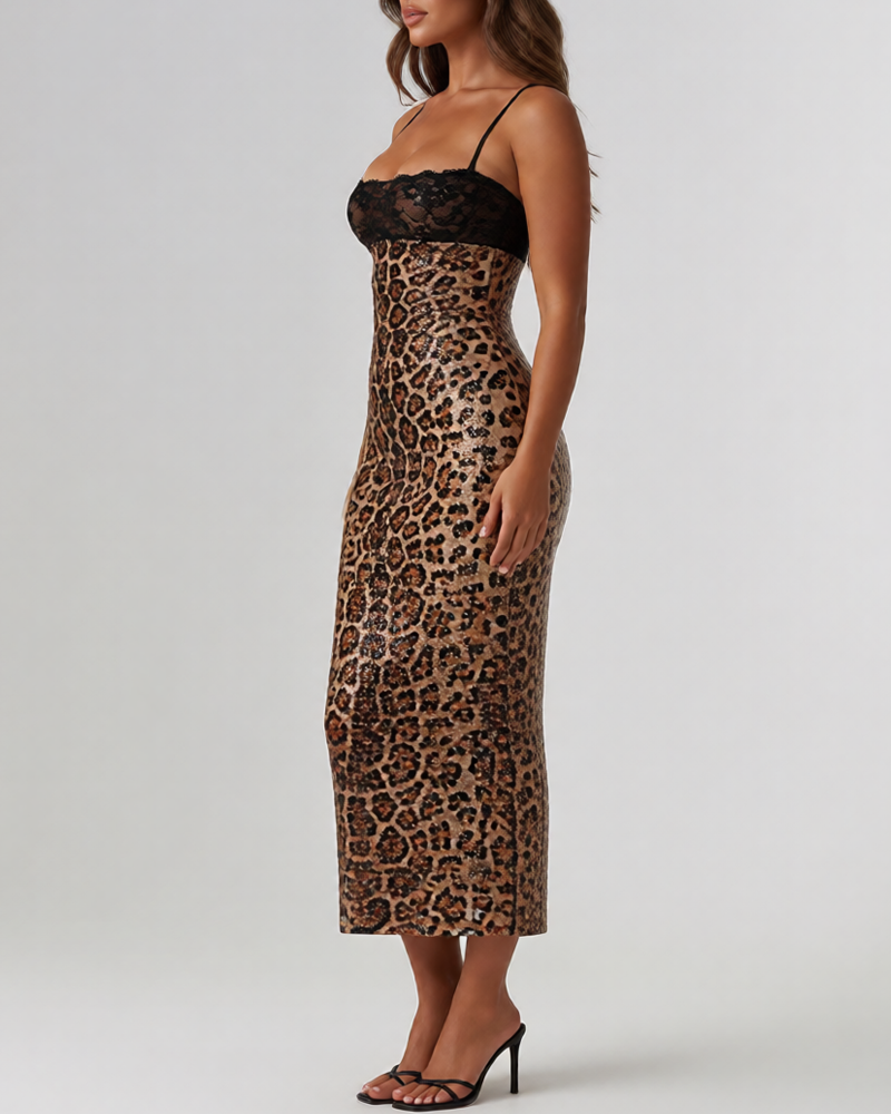 Sexy Lace Patchwork Leopard Sequin Bandeau Strap Dress Secondary image